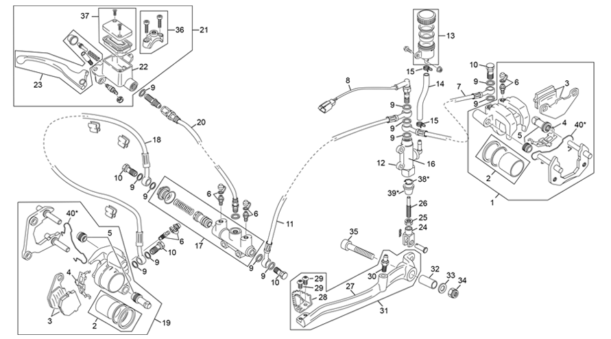 vue éclatée systeme de freinage complet avant-arriere - sherco 125 hrd sm black moon rs 2023