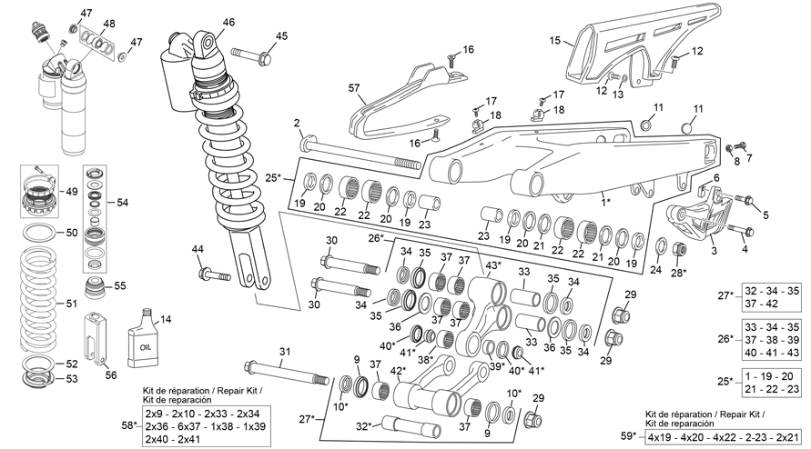 vue éclatée amortisseur - bras oscillant - sherco 500 sef-r racing homol 2020