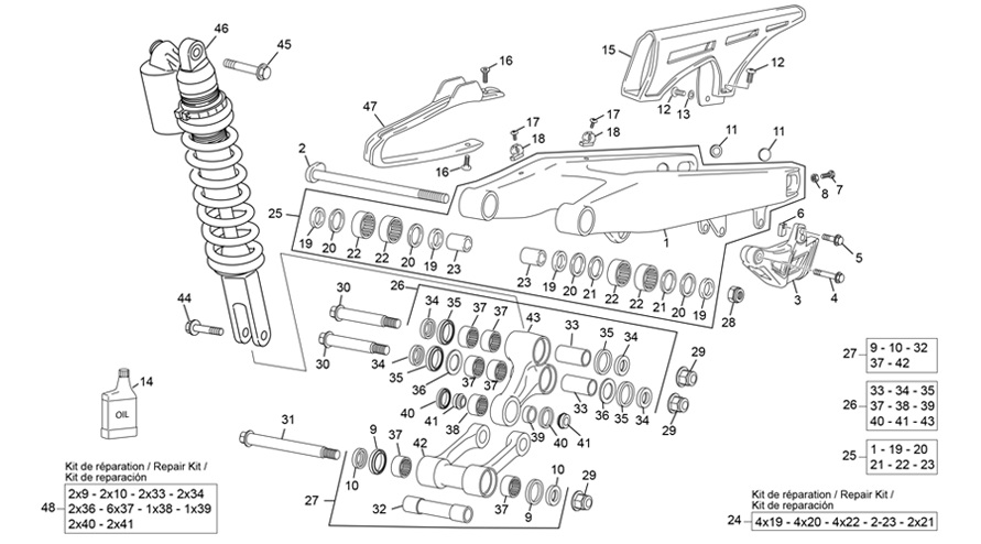 vue éclatée amortisseur - bras oscillant - sherco 500 smh factory 2021