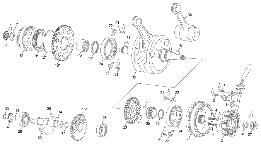 vue éclatée vilebrequin assemblé - sherco 500 sef-r factory 2022