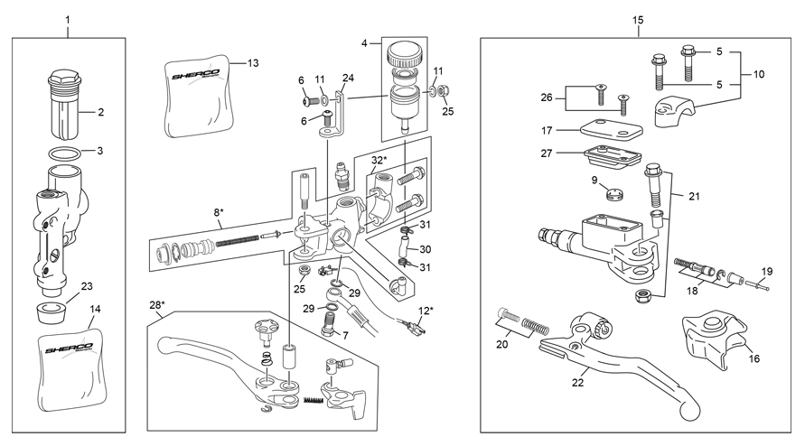 vue éclatée maitre cylindre frein avant - embrayage - arrière - sherco 500 smf-f 4t factory homol 2023