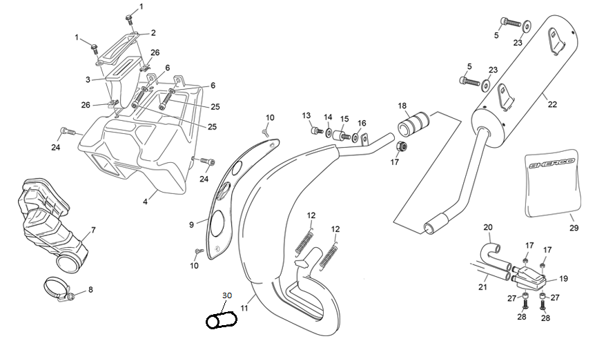 vue éclatée boite à air - echappement - sherco 50 hrd se factory r 2024