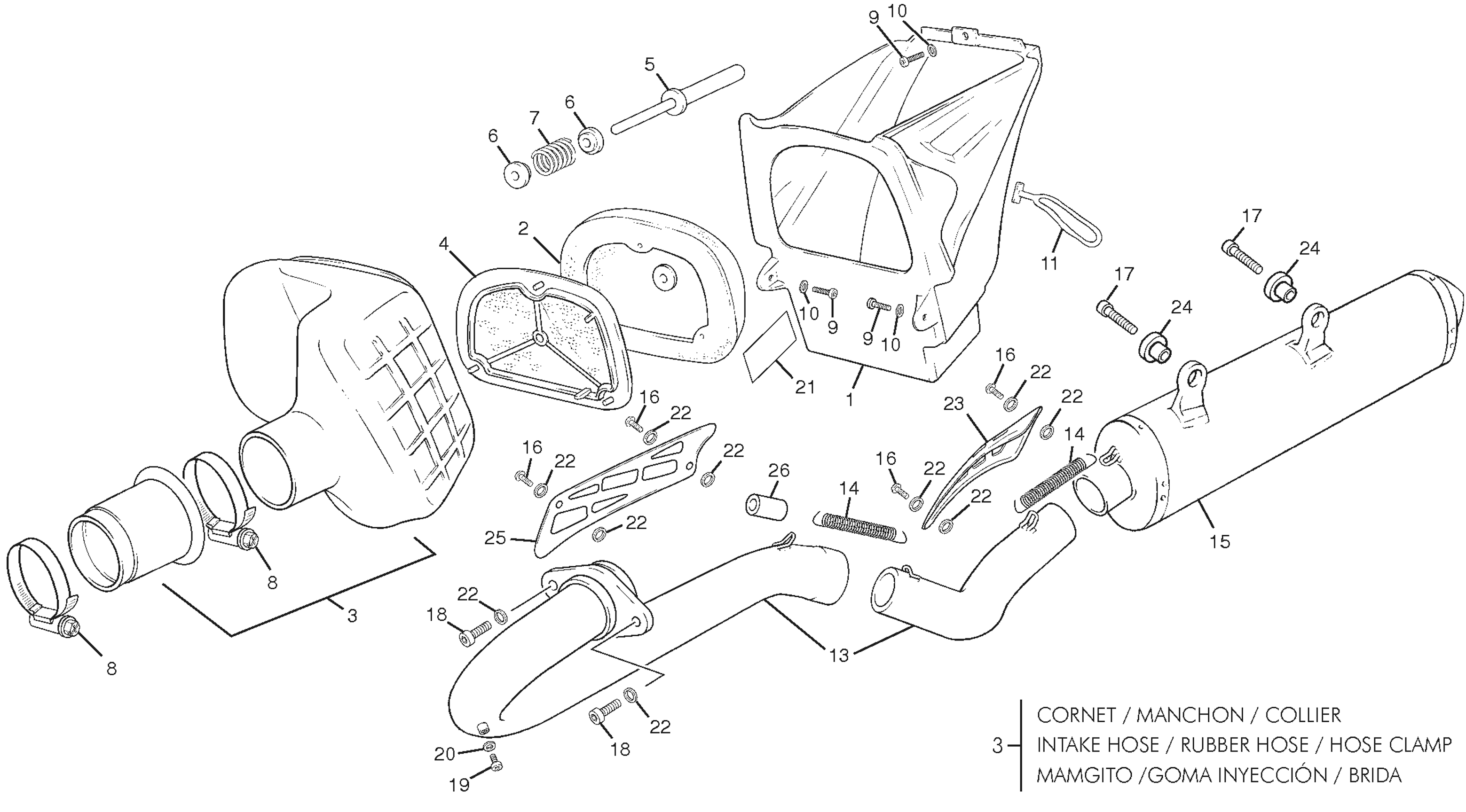 vue éclatée boite à air - echappement - sherco moto sherco enduro 250 09 2009