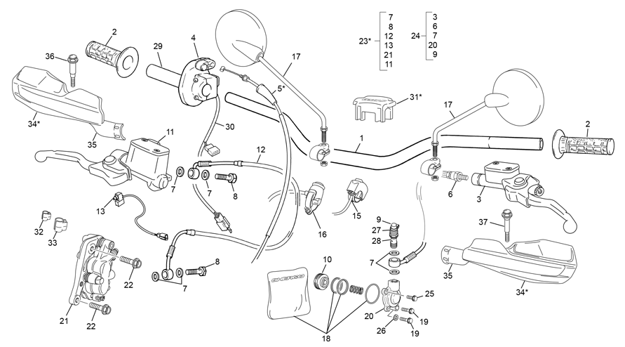 vue éclatée guidon - sherco 250 sef-r racing 2019
