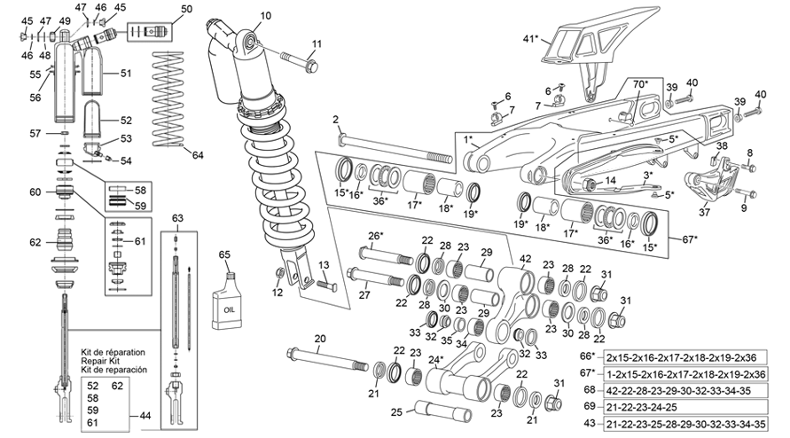 vue éclatée amortisseur - bras oscillant - sherco 250 sef-f factory homol 2024