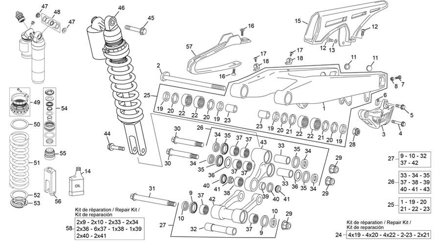 vue éclatée amortisseur - bras oscillant - sherco 300 sef-r racing homol 2021