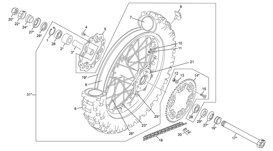 vue éclatée roue arrière - sherco 300 sef-f factory 2024
