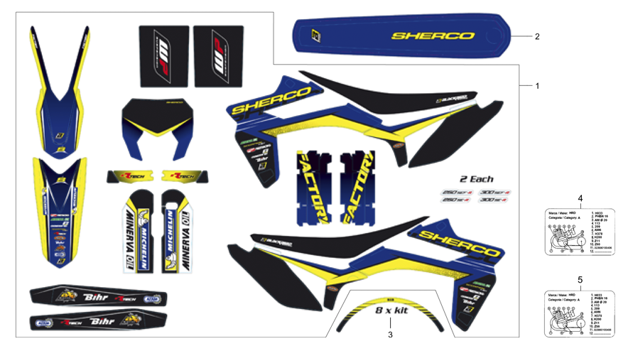 vue éclatée adhésifs - sherco moto sherco 50 se bleu factory2016 2015