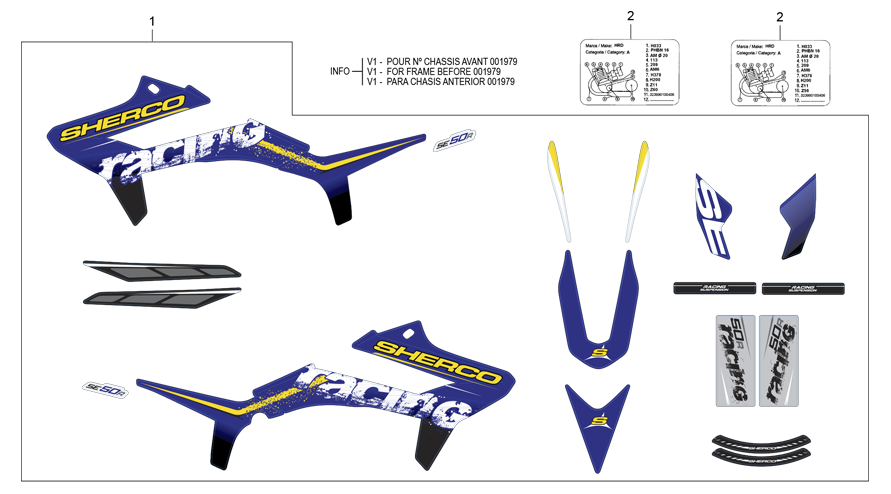 vue éclatée adhésifs bleu v1 - sherco moto sherco 50 se bleu racing 2016