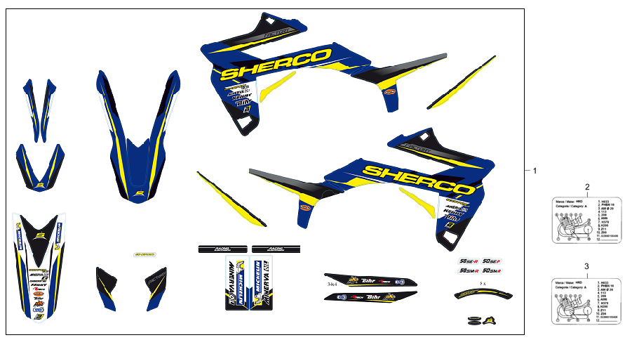 vue éclatée adhésifs v2 - sherco moto sherco 50 se bleu factory 2016