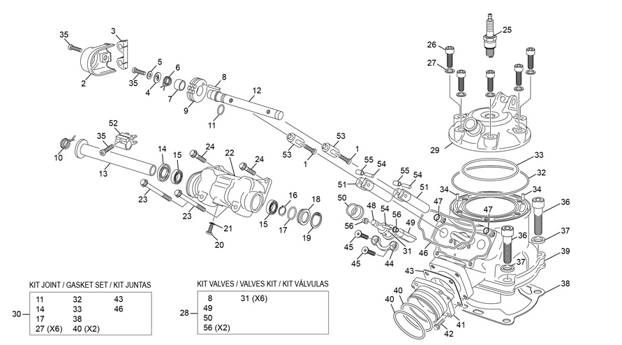 vue éclatée cylindre - culasse - sherco 250 se 2t six days 2017