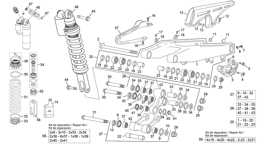 vue éclatée amortisseur - bras oscillant - sherco 250 se-r 2t racing 2020