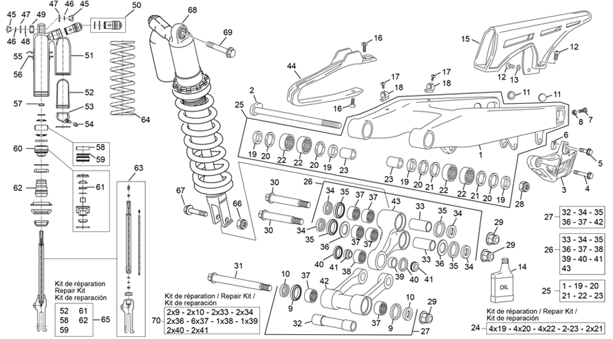 vue éclatée amortisseur - bras oscillant - sherco 250 se-f 2t factory 2023