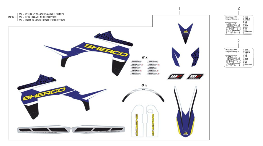 vue éclatée adhésifs bleu v2 - sherco moto sherco 50 sm black racing 2016