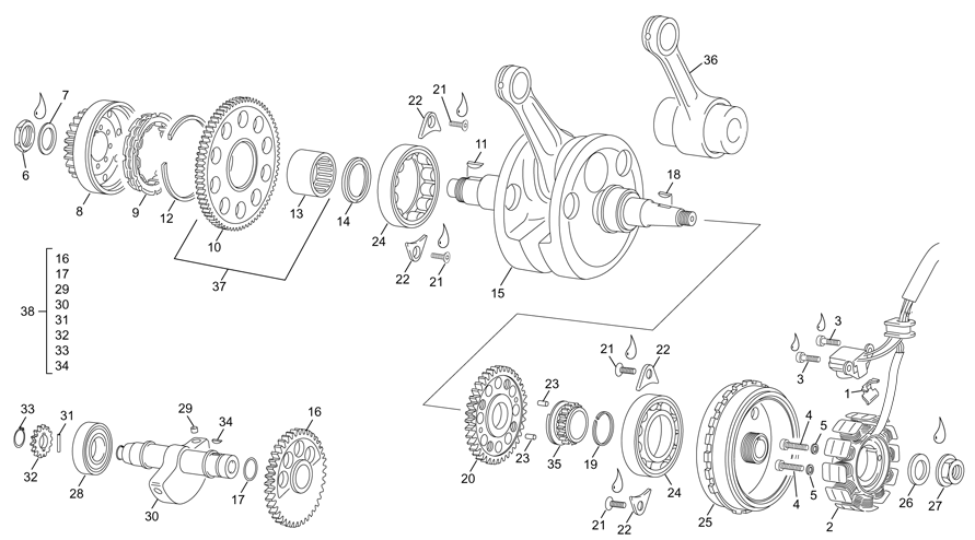 vue éclatée vilebrequin assemblé - sherco moto sherco enduro 450 sef six days 2016