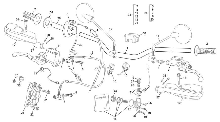 vue éclatée guidon - sherco 450 sef racing 2017