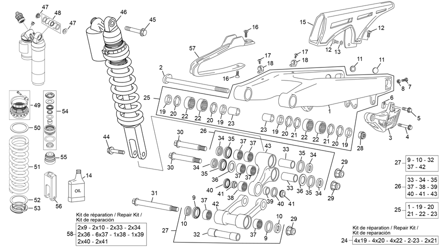 vue éclatée amortisseur - bras oscillant - sherco 450 sef-r racing 2021