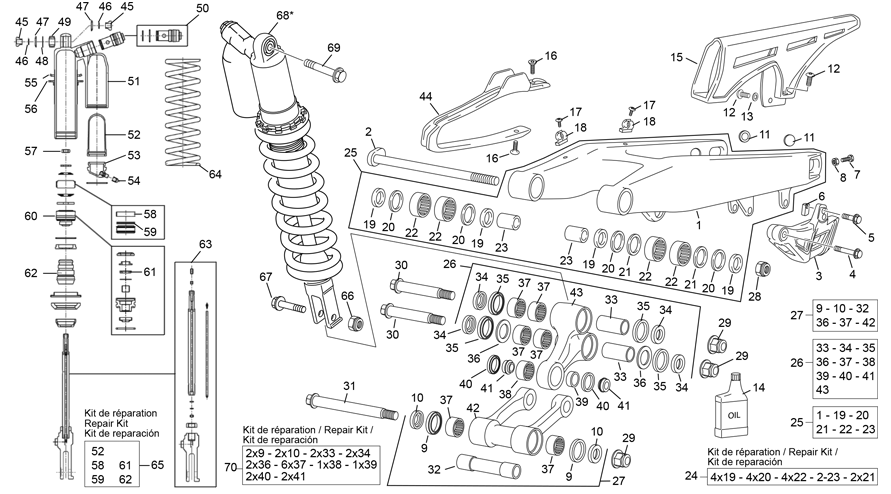 vue éclatée amortisseur - bras oscillant - sherco 450 sef-r factory homol 2022
