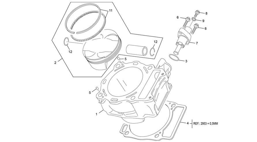 vue éclatée cylindre - sherco 450 sef-f 4t factory 2023