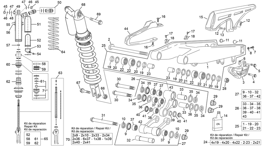 vue éclatée amortisseur - bras oscillant - sherco 450 sef-f factory 2024
