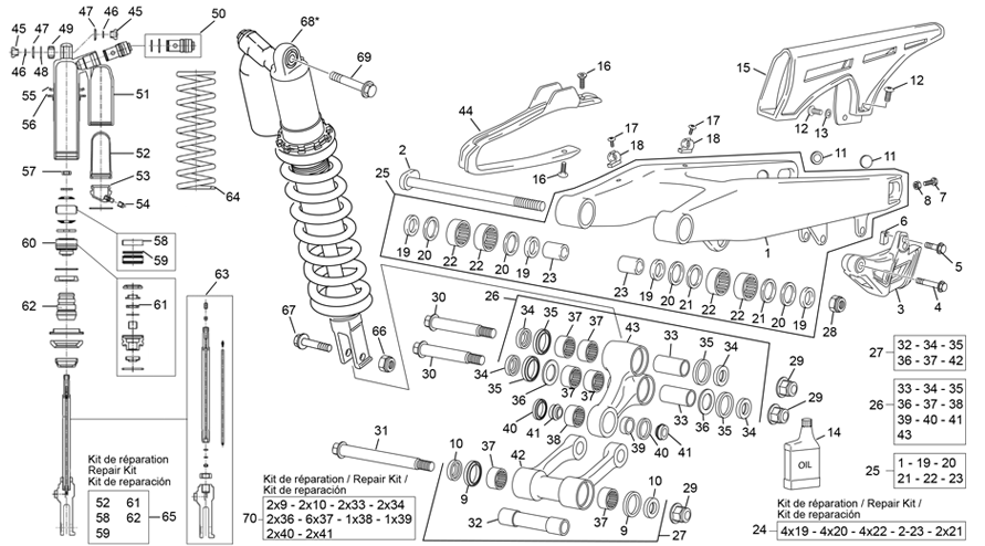 vue éclatée amortisseur - bras oscillant - sherco 300 se-r 2t racing homol 2022