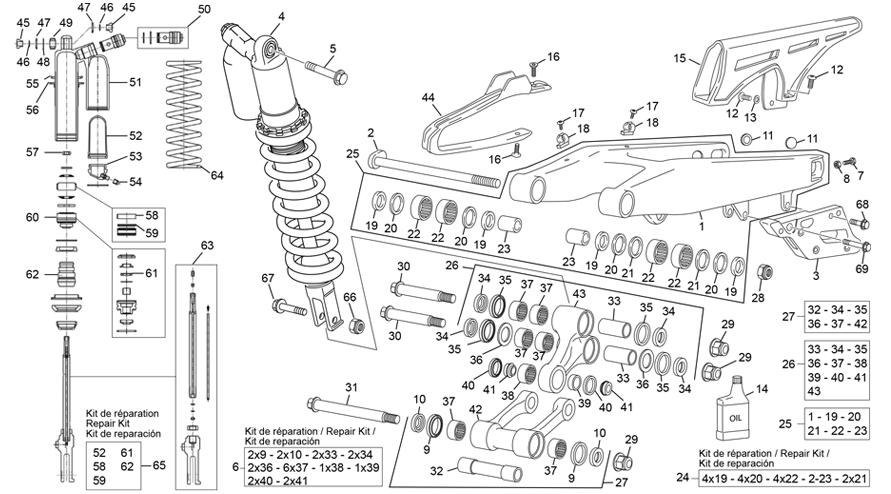 vue éclatée amortisseur - bras oscillant - sherco 300 se-f 2t factory homol replica roman 2023