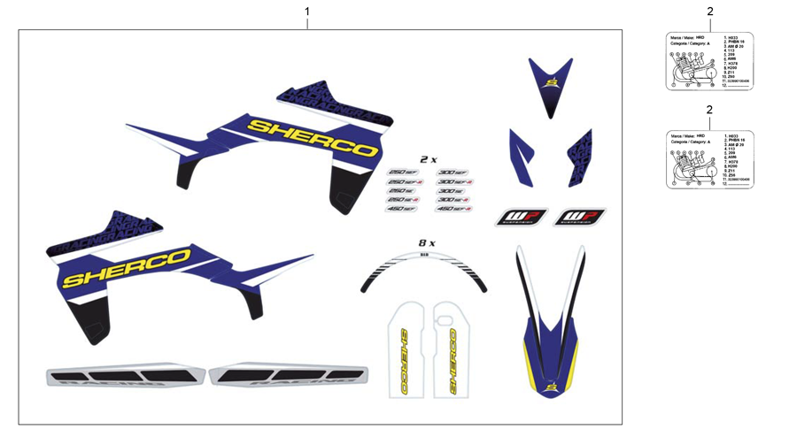vue éclatée adhésif bleu - sherco sm 50 blanche racing 2017