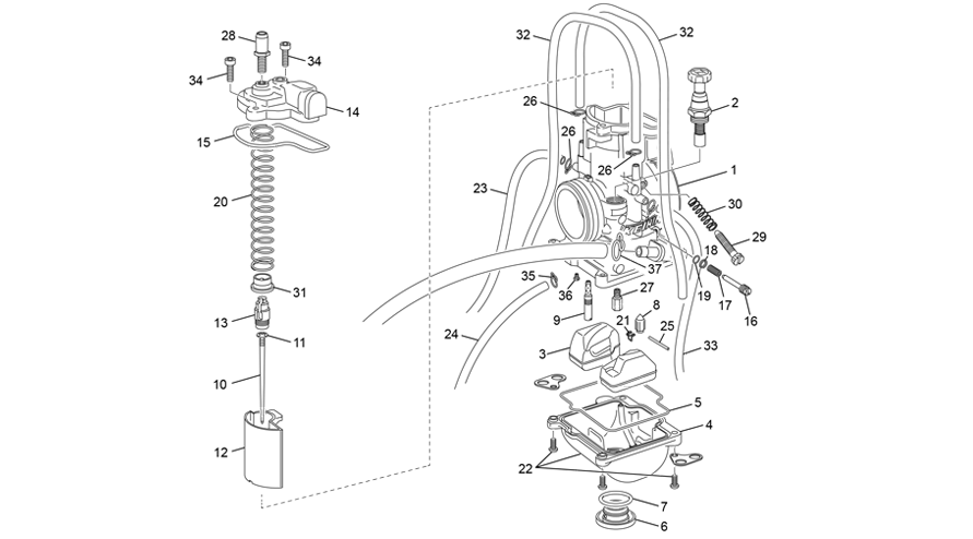 vue éclatée carburateur keihin pwk 36 - sherco 125 se-r 2t racing homol 2020