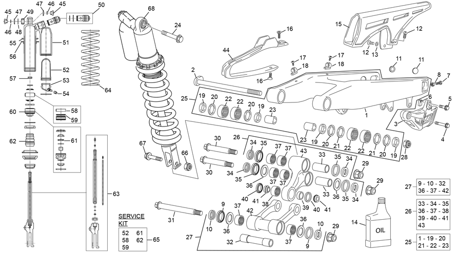 vue éclatée amortisseur - bras oscillant - sherco 125 se-r 2t factory 2021