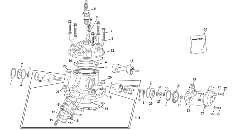 vue éclatée cylindre - culasse - sherco 125 sm-r 2t sm factory 2021