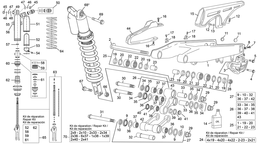 vue éclatée amortisseur - bras oscillant - sherco 125 se-r 2t factory 2022