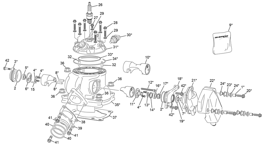 vue éclatée cylindre - culasse - sherco 125 se-r 2t factory 2022