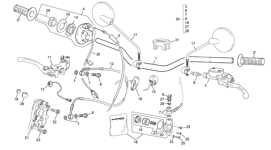 vue éclatée guidon - sherco 125 sm-r 2t sm factory 2022