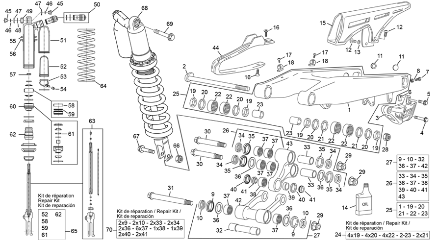 vue éclatée amortisseur - bras oscillant - sherco 125 se-f 2t factory homol 2023