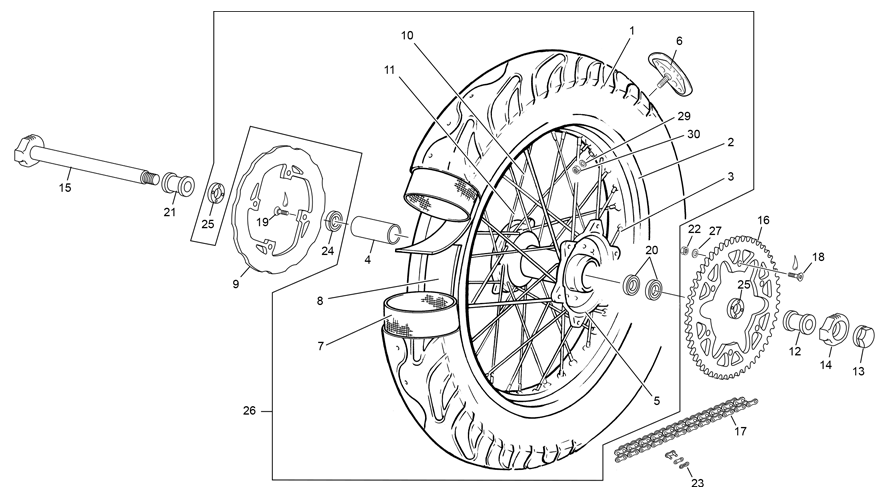 vue éclatée roue arrière - sherco 125 sm-f 2t factory homol 2023