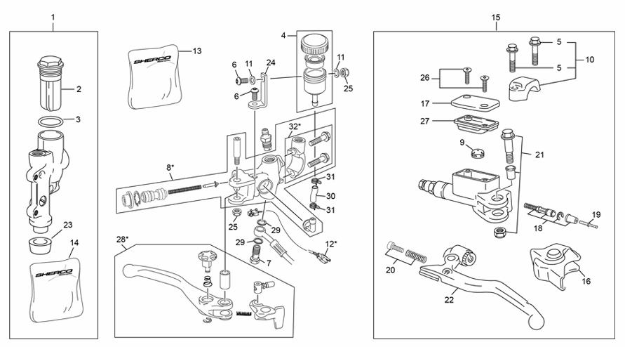 vue éclatée maitre cylindre frein avant - embrayage - arrière - sherco 125 sm-f 2t factory homol 2023