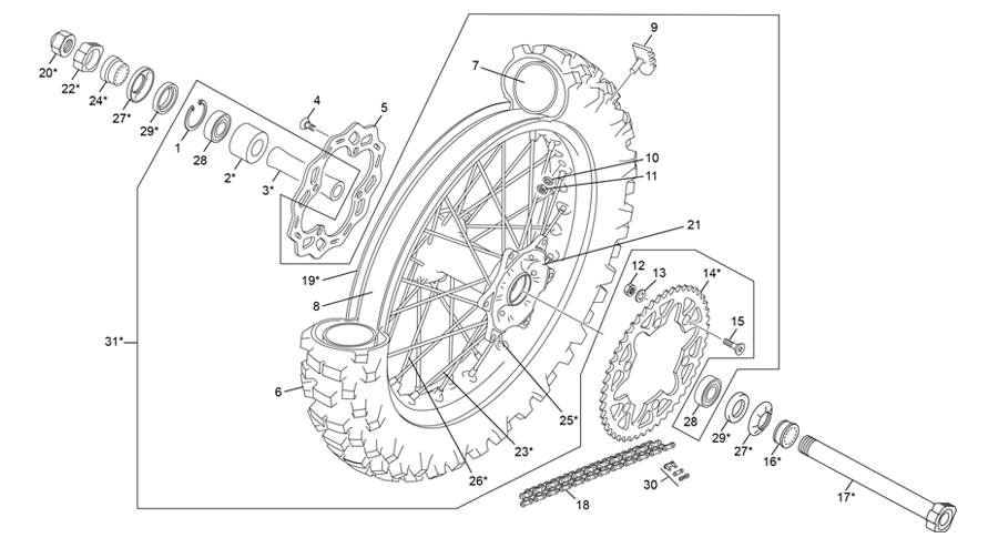 vue éclatée roue arrière - sherco 125 se-f 2t factory 2024