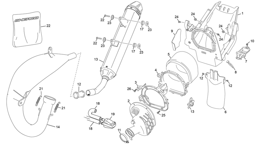 vue éclatée boite à air - echappement - sherco 125 se-f 2t factory 2026