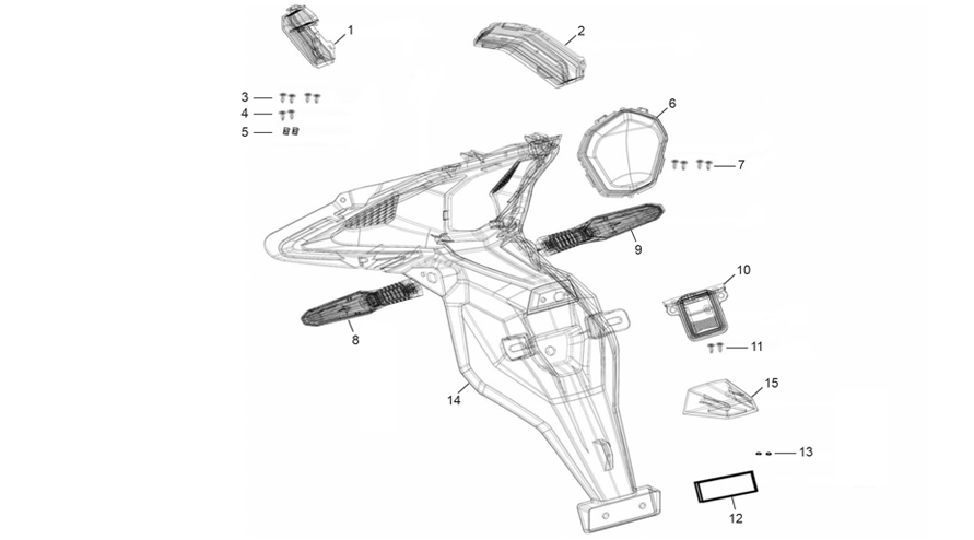 vue éclatée clignotnts / feu arr - sherco 50 scorpa factory nardo grey 2025