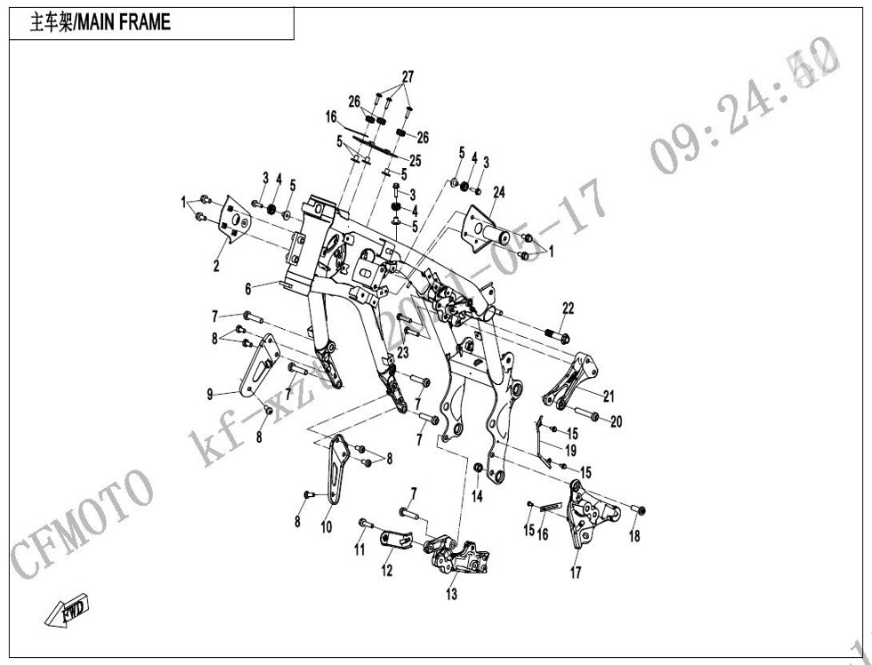 vue éclatée main frame - cfmoto cf 800mt touring 2022