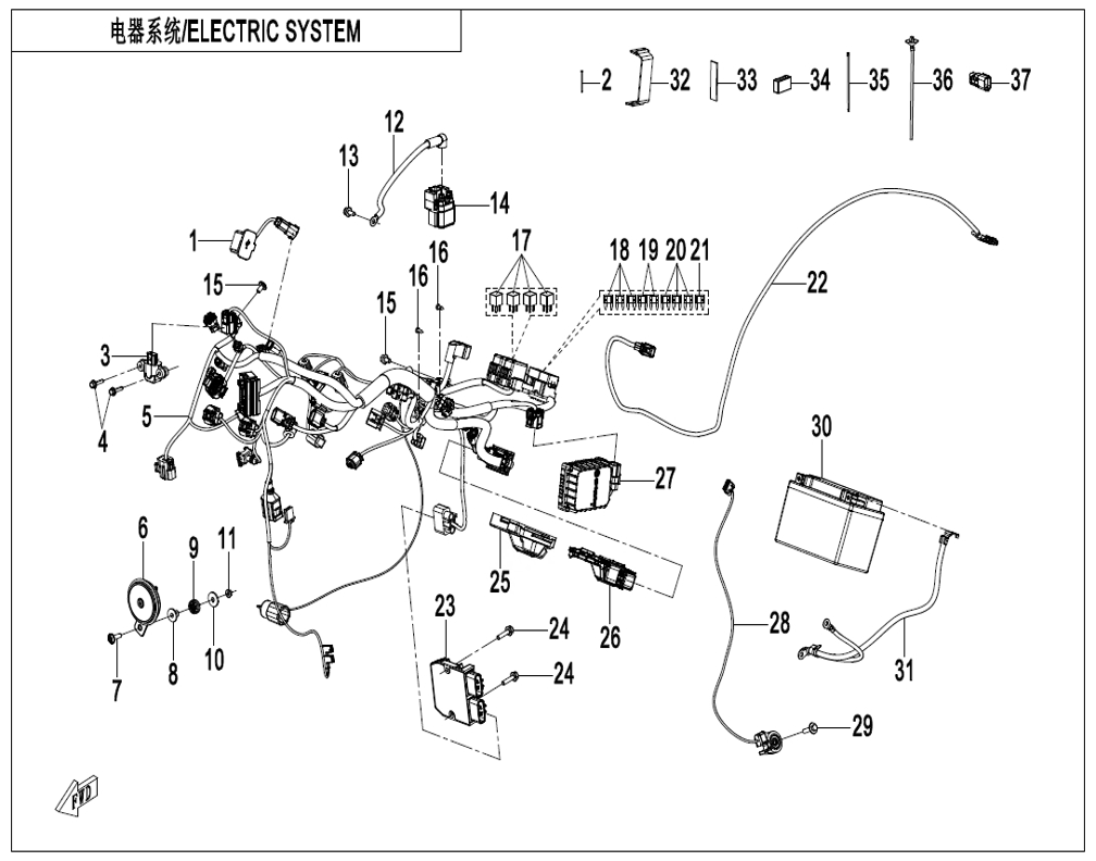 vue éclatée electric system - cfmoto cf450clc e5+ 2026