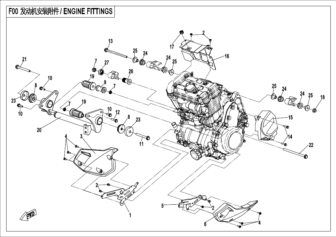 vue éclatée support moteur - cfmoto cf650mt a2 euro 5 avec valises 2021