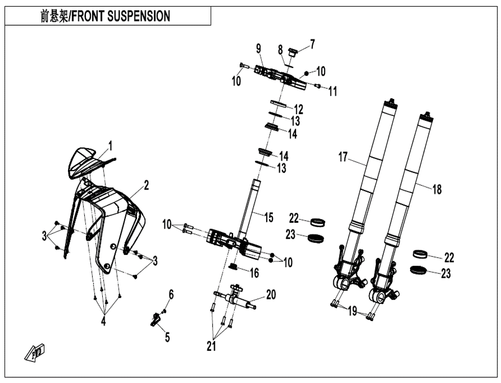 vue éclatée front suspension - cfmoto cf800 nk advance 2024