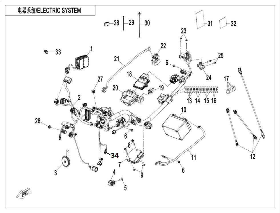 vue éclatée electric system - cfmoto cf 450 nk euro 5+ 2025