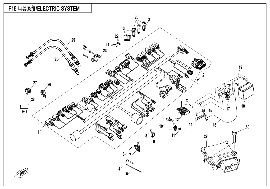 vue éclatée electric system - cfmoto 650 nk abs 2020