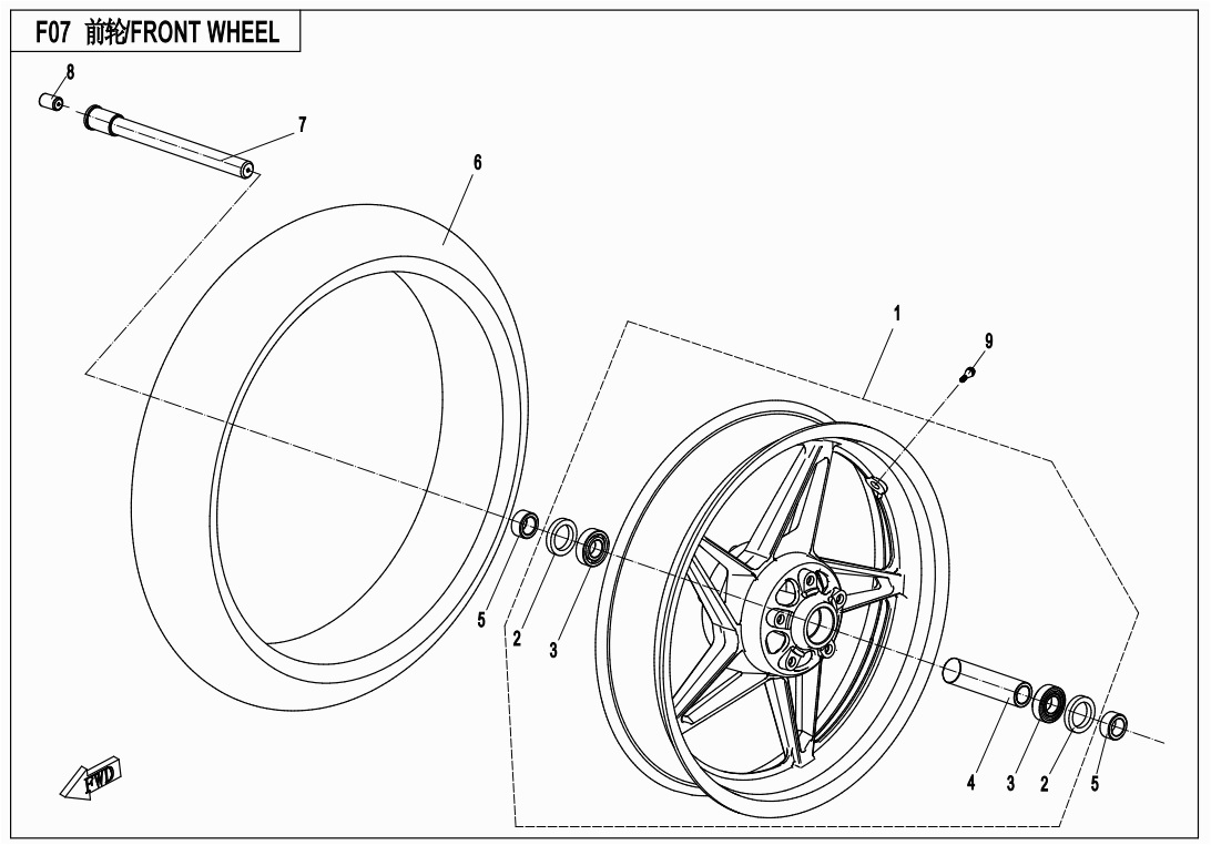 vue éclatée front wheel rim-matte black - cfmoto 650 nk abs 2020