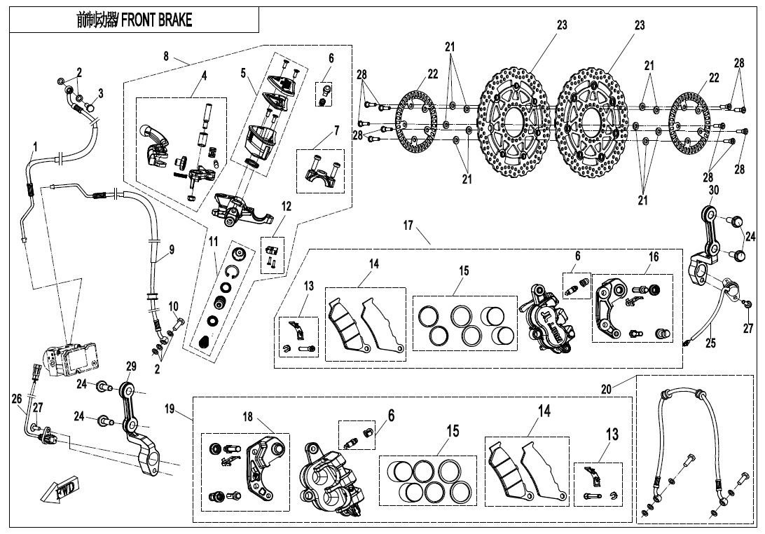 vue éclatée front brake abs - cfmoto 650 nk abs 2020