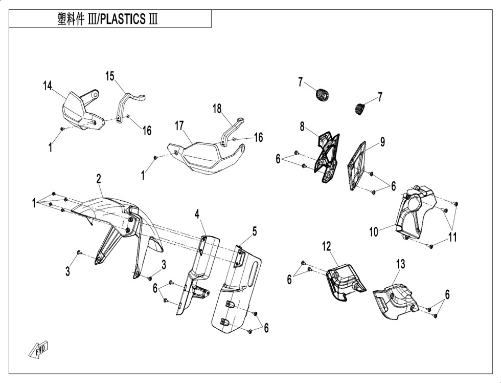 vue éclatée plastics 3 low fender - cfmoto cf450 mt 2024