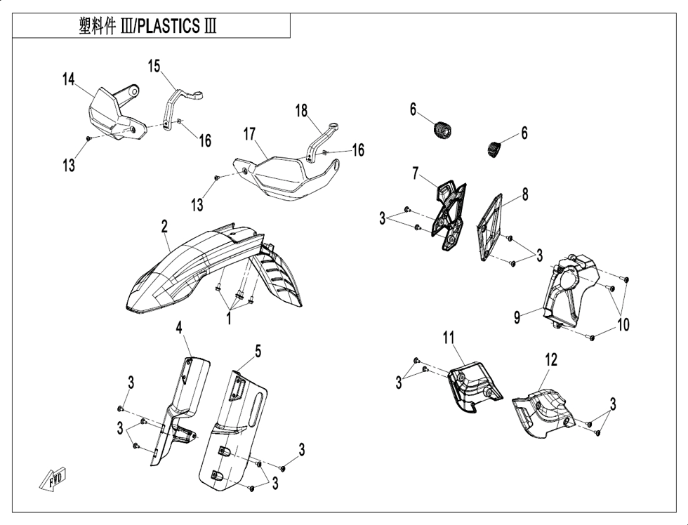 vue éclatée plastics 3 high fender - cfmoto cf450 mt 2024