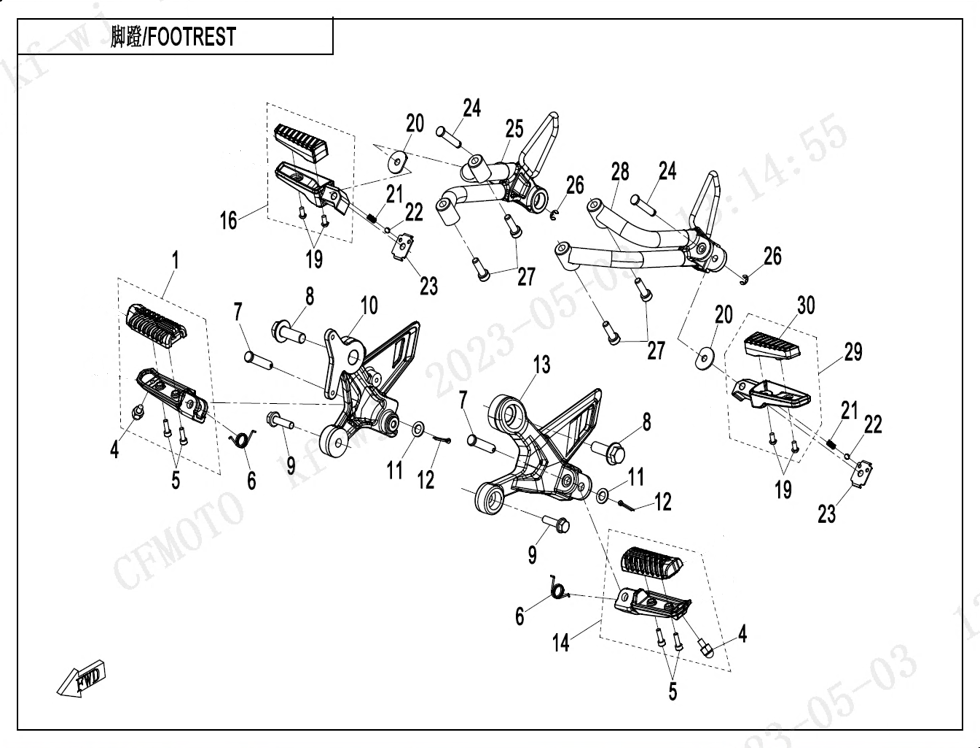 vue éclatée footrest - cfmoto cf450 nk 2023